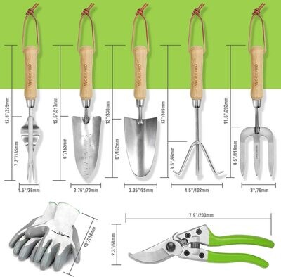 Stainless steel, seven-in-one garden tool set with wooden handles