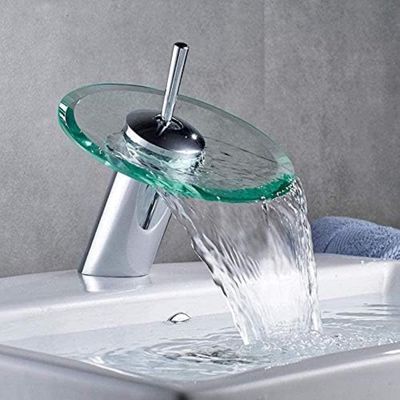 Sink Contemporary Glass Basin Waterfall Faucet – Single Handle Chrome Brass Mixer Tap
