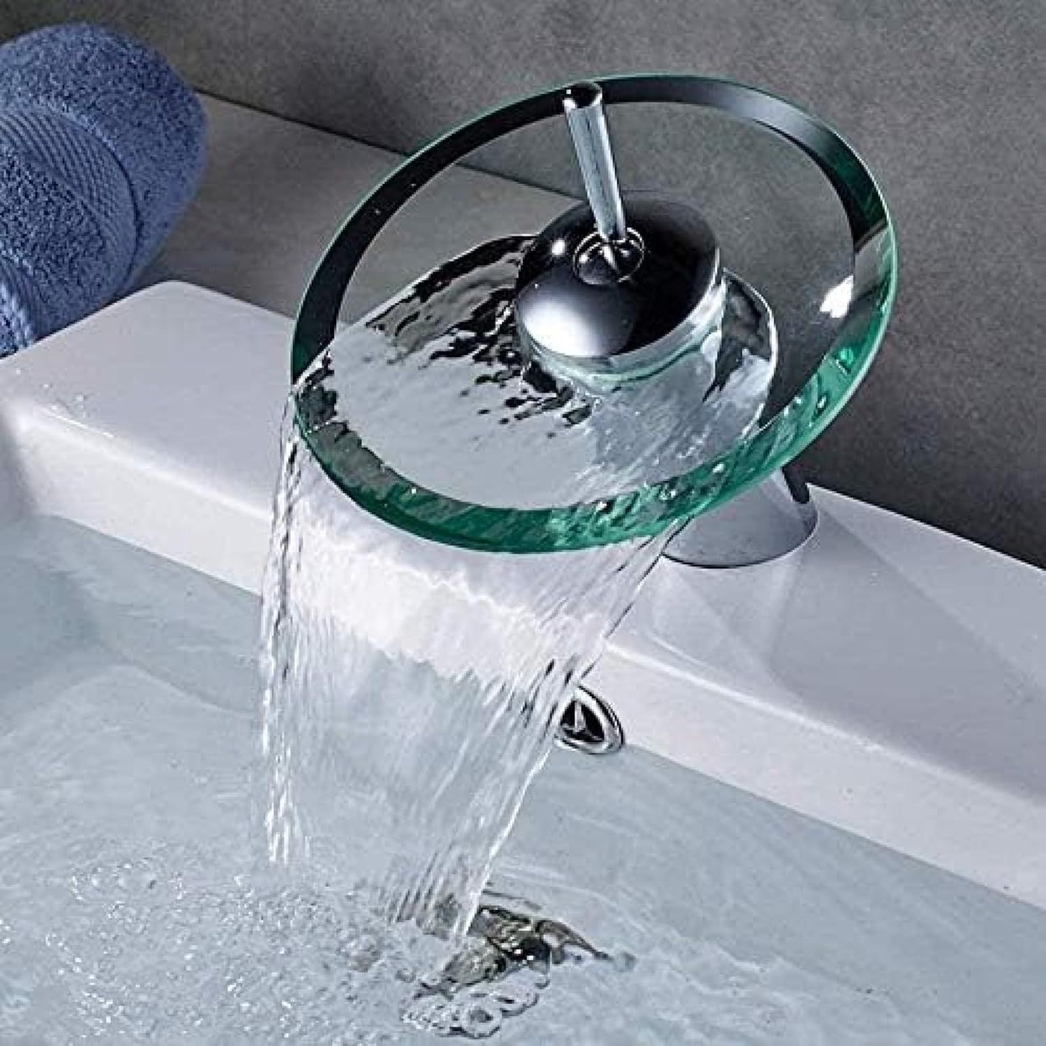 Sink Contemporary Glass Basin Waterfall Faucet – Single Handle Chrome Brass Mixer Tap