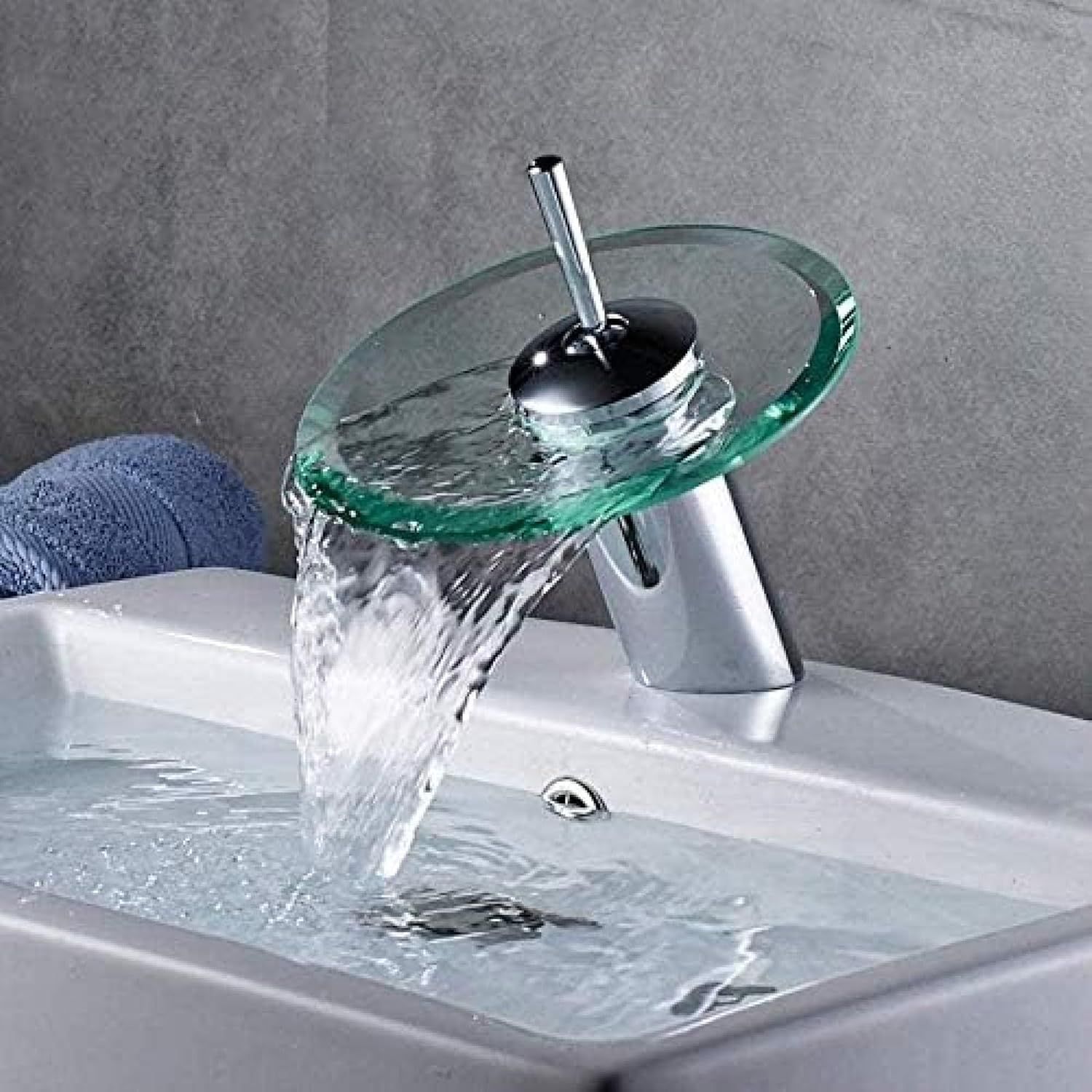 Sink Contemporary Glass Basin Waterfall Faucet – Single Handle Chrome Brass Mixer Tap