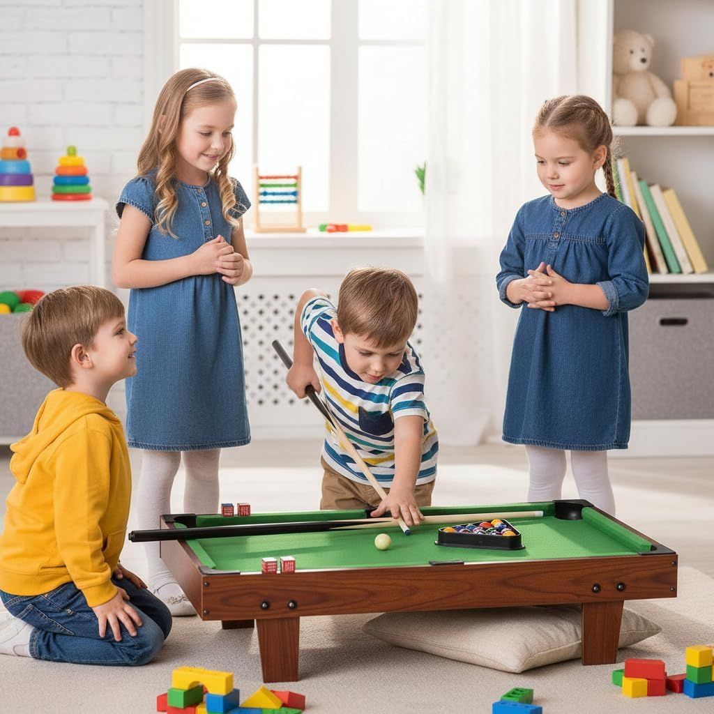 Children's Wooden Portable Pool Table for Kids, Folding Pool Table, Compact Design for Indoor/Outdoor Fun