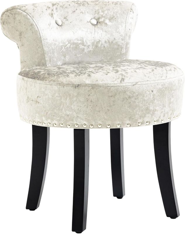 Beige Velvet Dressing Table Stool with Rubberwood Legs