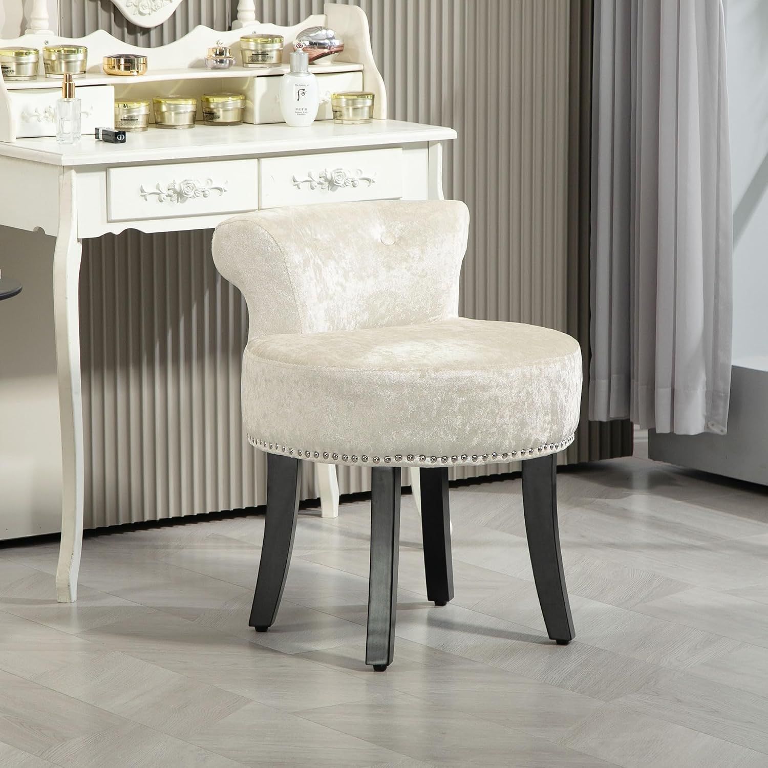 Beige Velvet Dressing Table Stool with Rubberwood Legs