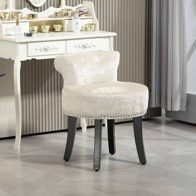 Beige Velvet Dressing Table Stool with Rubberwood Legs