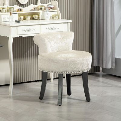 Beige Velvet Dressing Table Stool with Rubberwood Legs