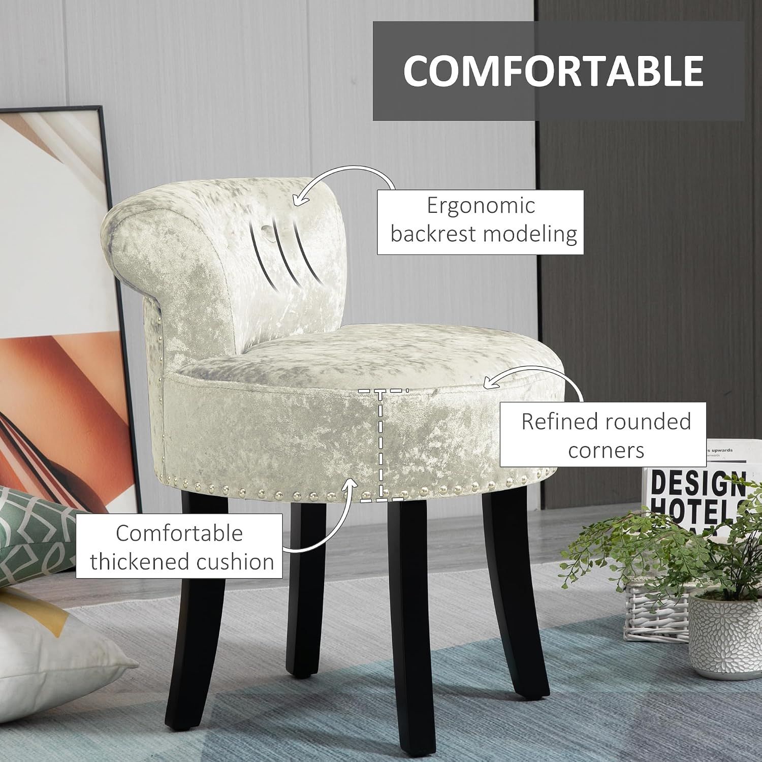 Beige Velvet Dressing Table Stool with Rubberwood Legs
