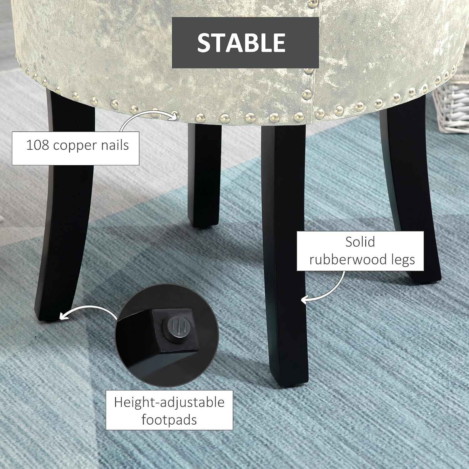 Beige Velvet Dressing Table Stool with Rubberwood Legs