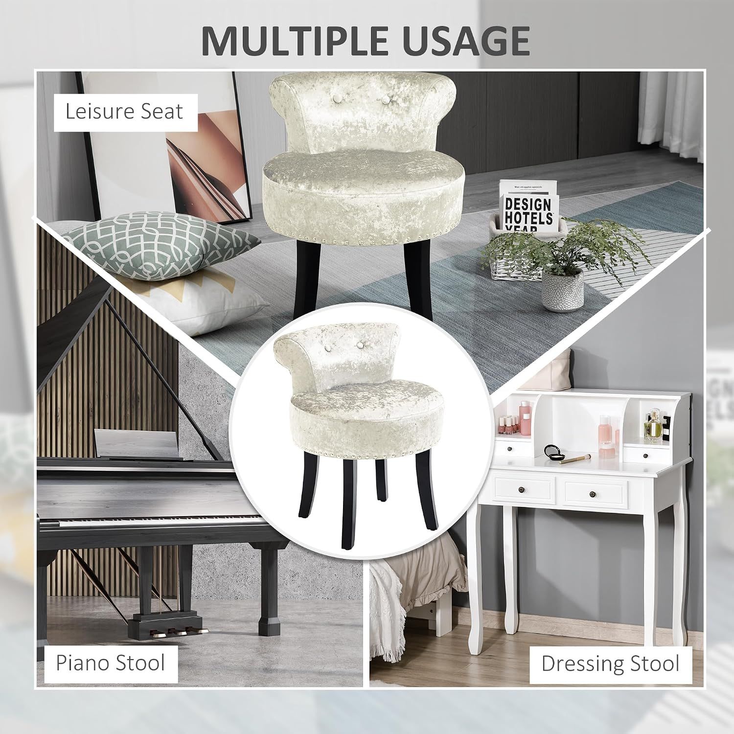 Beige Velvet Dressing Table Stool with Rubberwood Legs