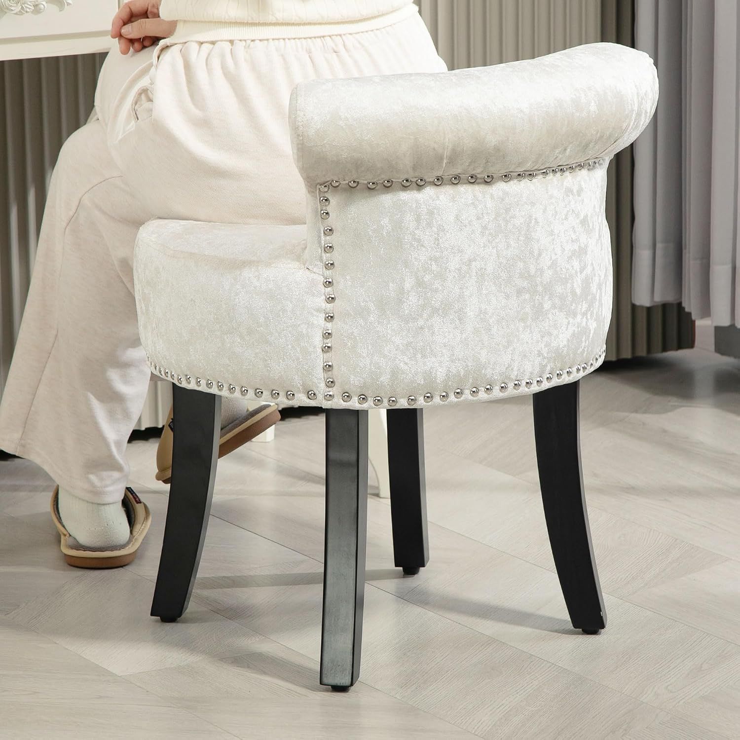 Beige Velvet Dressing Table Stool with Rubberwood Legs