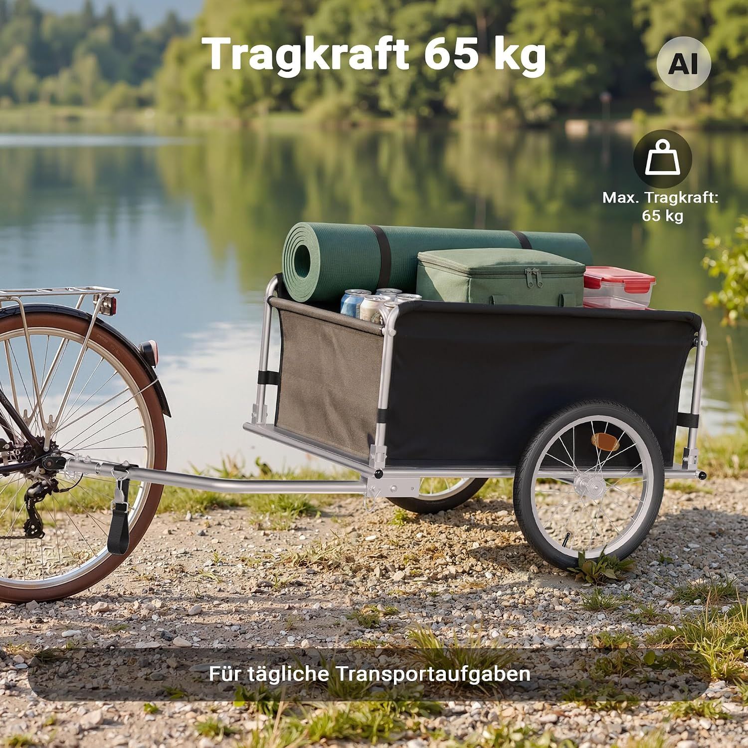 Bicycle Trailer with Foldable Drawbar &amp; Quick Coupling – 65 kg Capacity