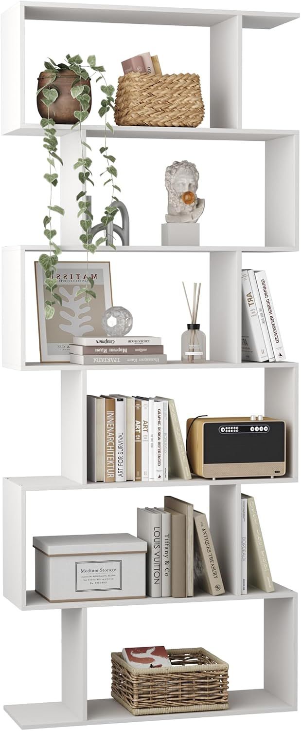 6 Tier S Shaped Bookcase Modern Geometric Display Shelf White Storage Unit