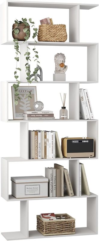 6 Tier S Shaped Bookcase Modern Geometric Display Shelf White Storage Unit