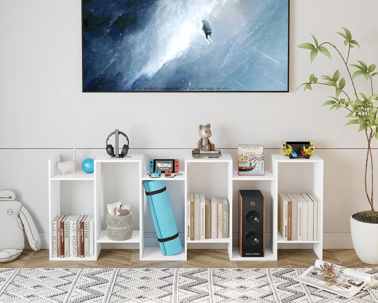 6 Tier S Shaped Bookcase Modern Geometric Display Shelf White Storage Unit