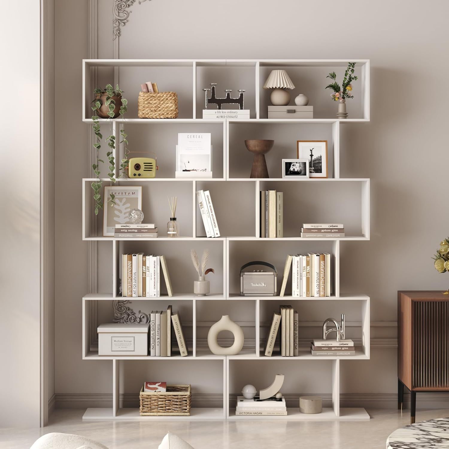 6 Tier S Shaped Bookcase Modern Geometric Display Shelf White Storage Unit