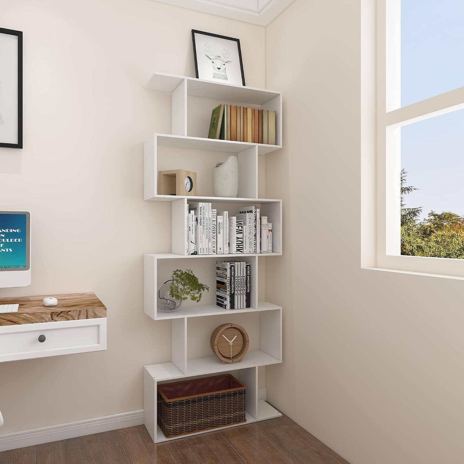 6 Tier S Shaped Bookcase Modern Geometric Display Shelf White Storage Unit