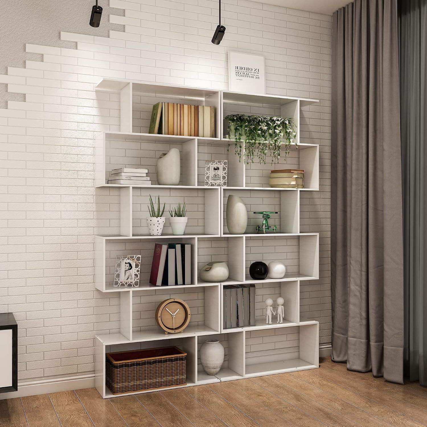 6 Tier S Shaped Bookcase Modern Geometric Display Shelf White Storage Unit