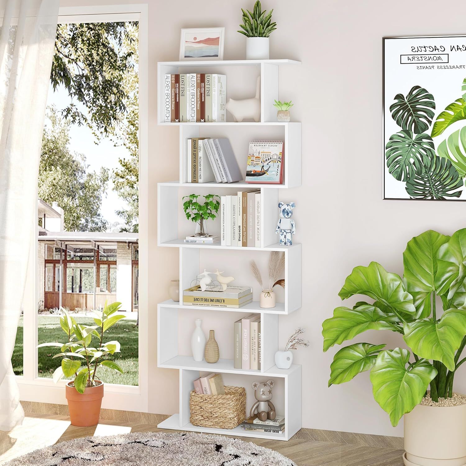 6 Tier S Shaped Bookcase Modern Geometric Display Shelf White Storage Unit