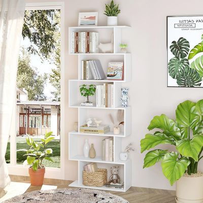 6 Tier S Shaped Bookcase Modern Geometric Display Shelf White Storage Unit
