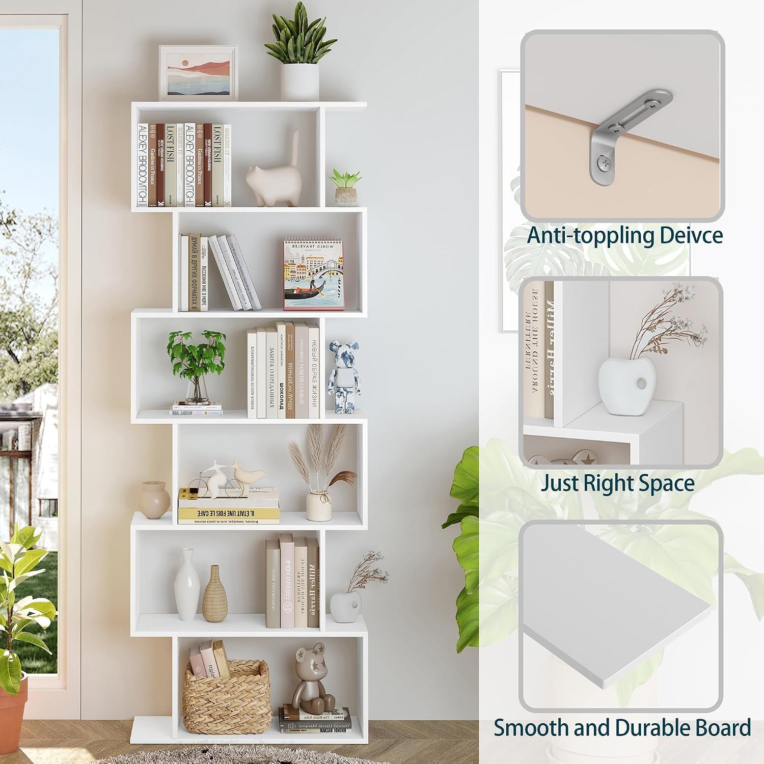 6 Tier S Shaped Bookcase Modern Geometric Display Shelf White Storage Unit