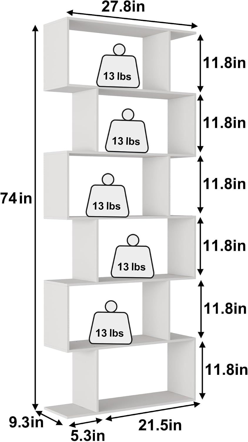 6 Tier S Shaped Bookcase Modern Geometric Display Shelf White Storage Unit