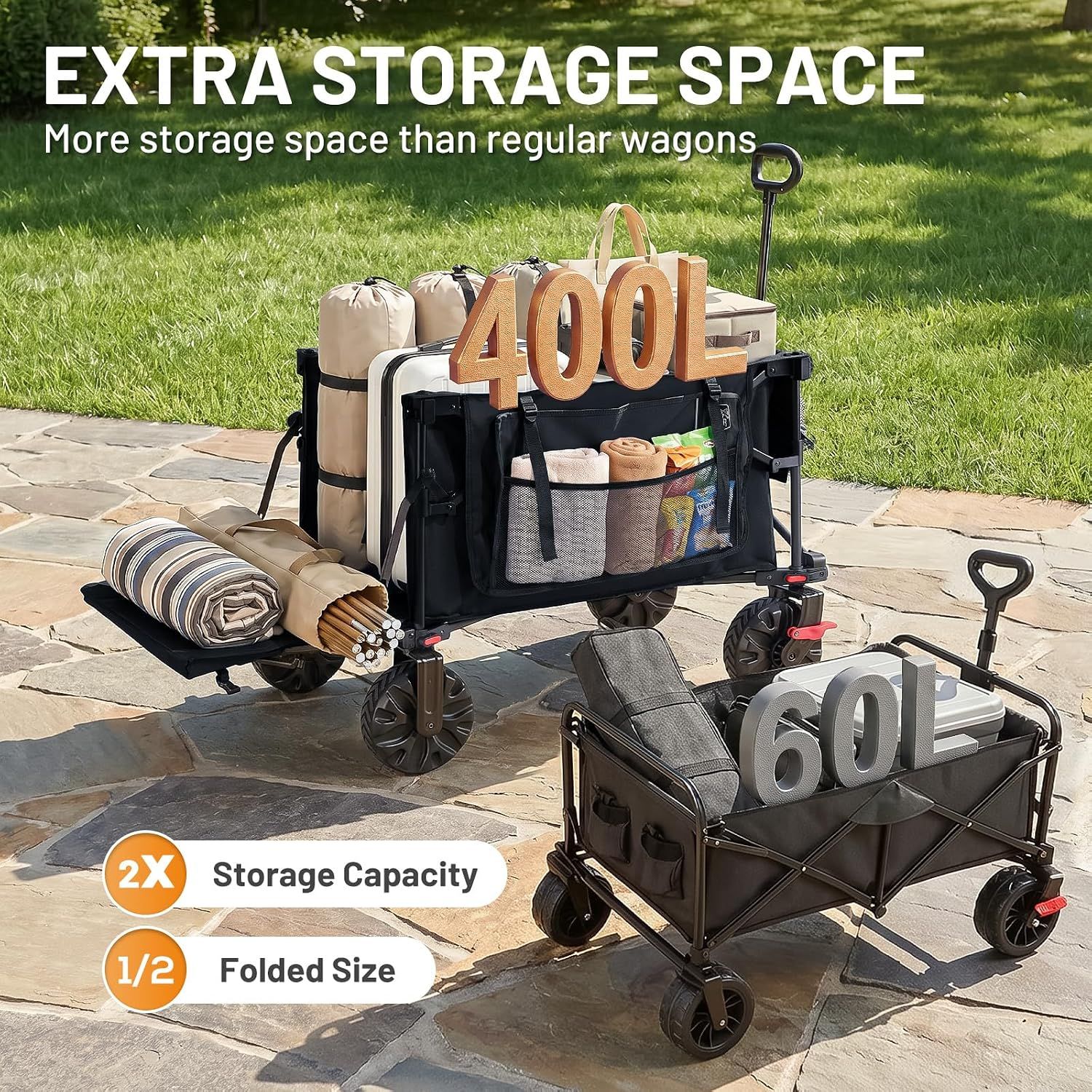 400L Folding Camping Trolley Cart with Tailgate Black