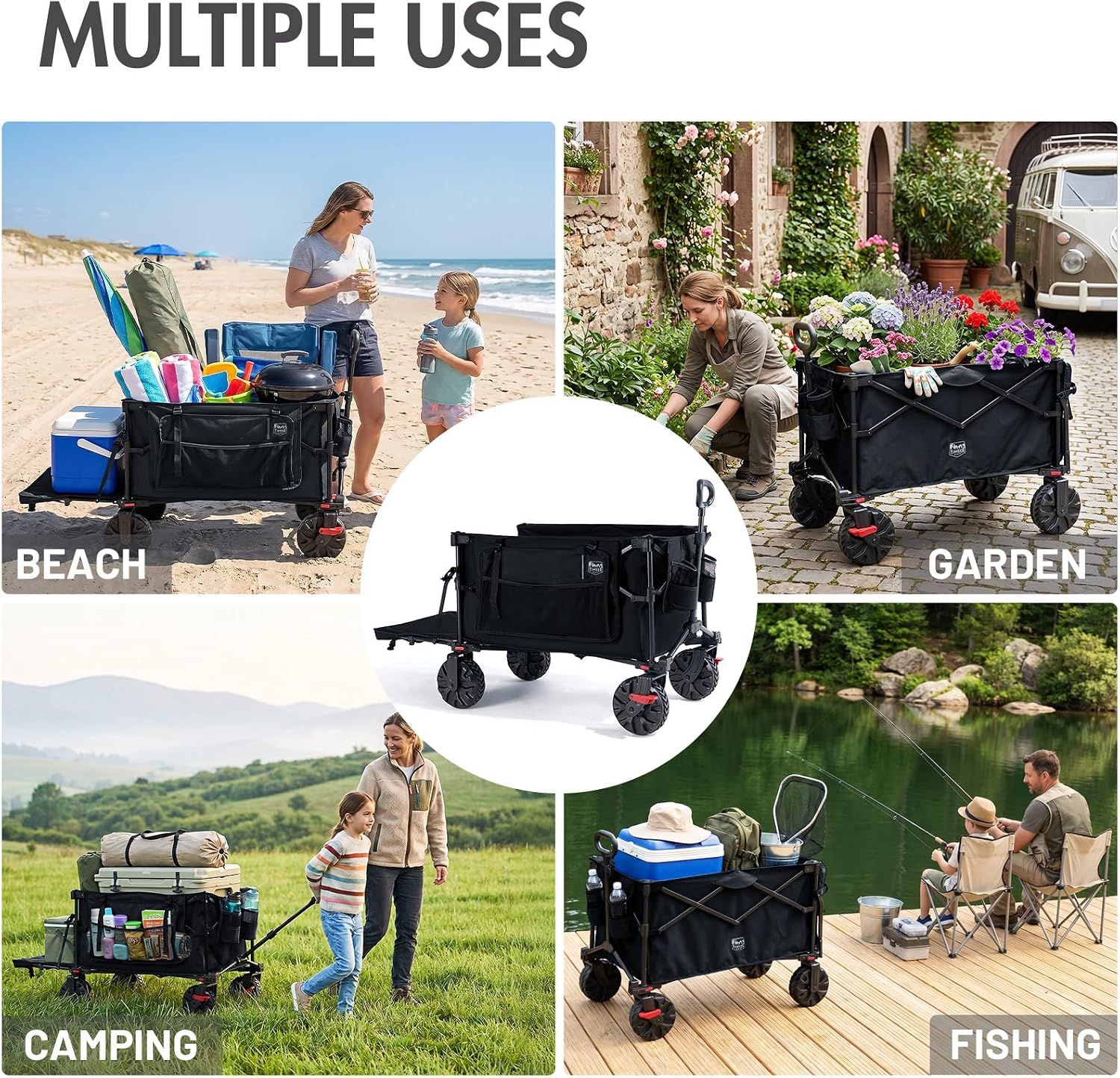 400L Folding Camping Trolley Cart with Tailgate Black