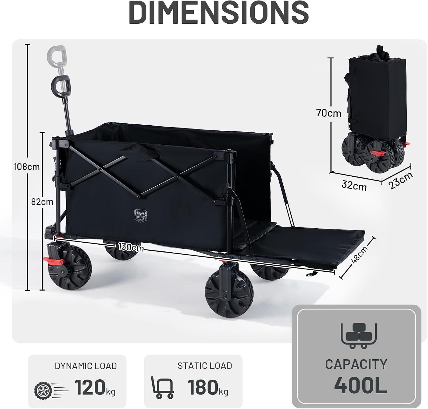 400L Folding Camping Trolley Cart with Tailgate Black