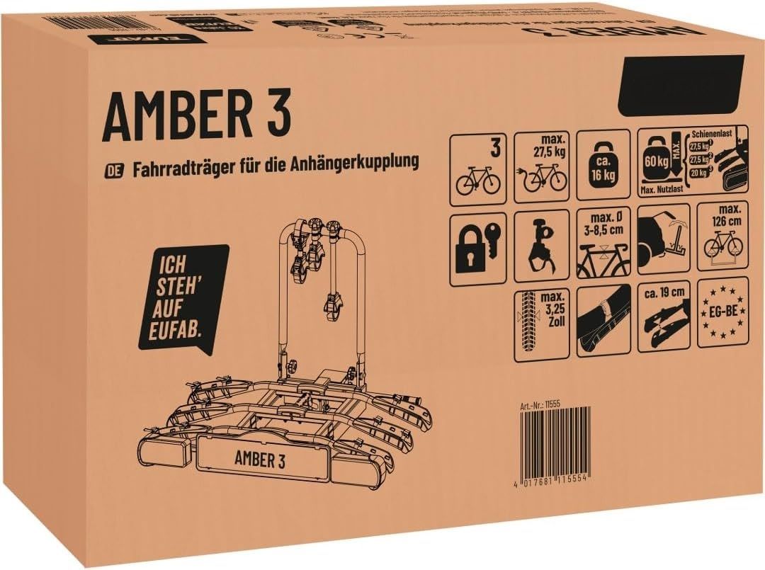 11555 Amber 3 Towbar Bike Carrier for 3 Bikes, E-Bike Compatible