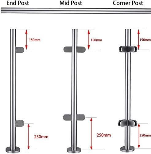 Stainless Steel Balustrade Posts with Glass Clamps and Rubbers, Railing Fence Pole Handrail Garden Fencing