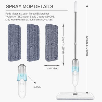 Floor Cleaning Spray Mop — Ideal for Marble, Hardwood, Tile, Laminate &amp; Ceramic | Includes 3 Microfibre Pads &amp; 500ML Refillable Bottle