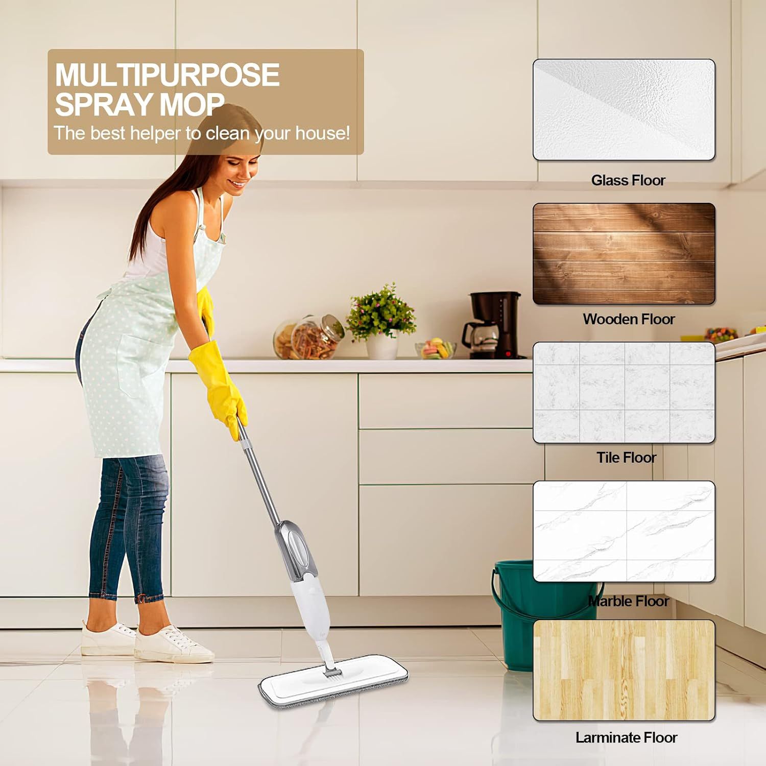 Floor Cleaning Spray Mop — Ideal for Marble, Hardwood, Tile, Laminate &amp; Ceramic | Includes 3 Microfibre Pads &amp; 500ML Refillable Bottle
