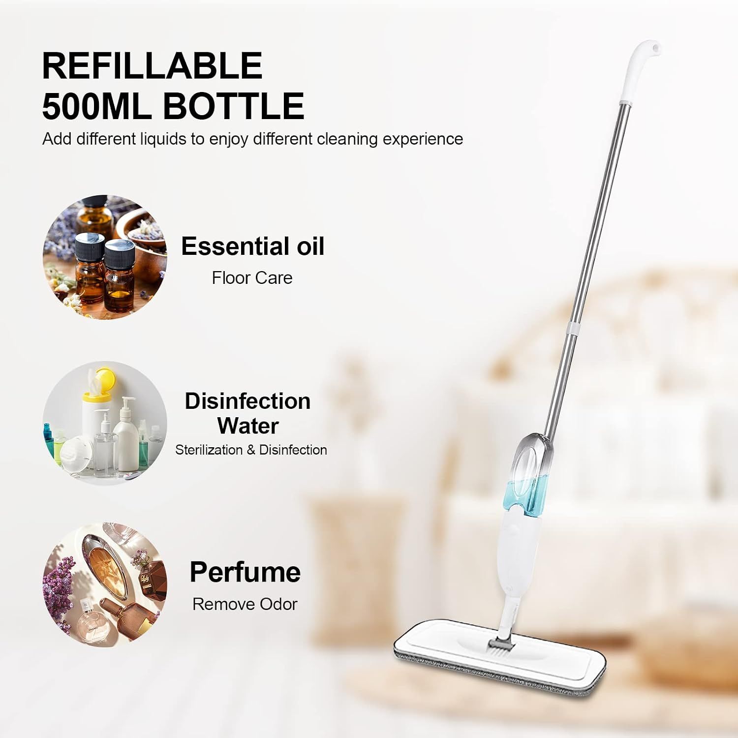 Floor Cleaning Spray Mop — Ideal for Marble, Hardwood, Tile, Laminate &amp; Ceramic | Includes 3 Microfibre Pads &amp; 500ML Refillable Bottle