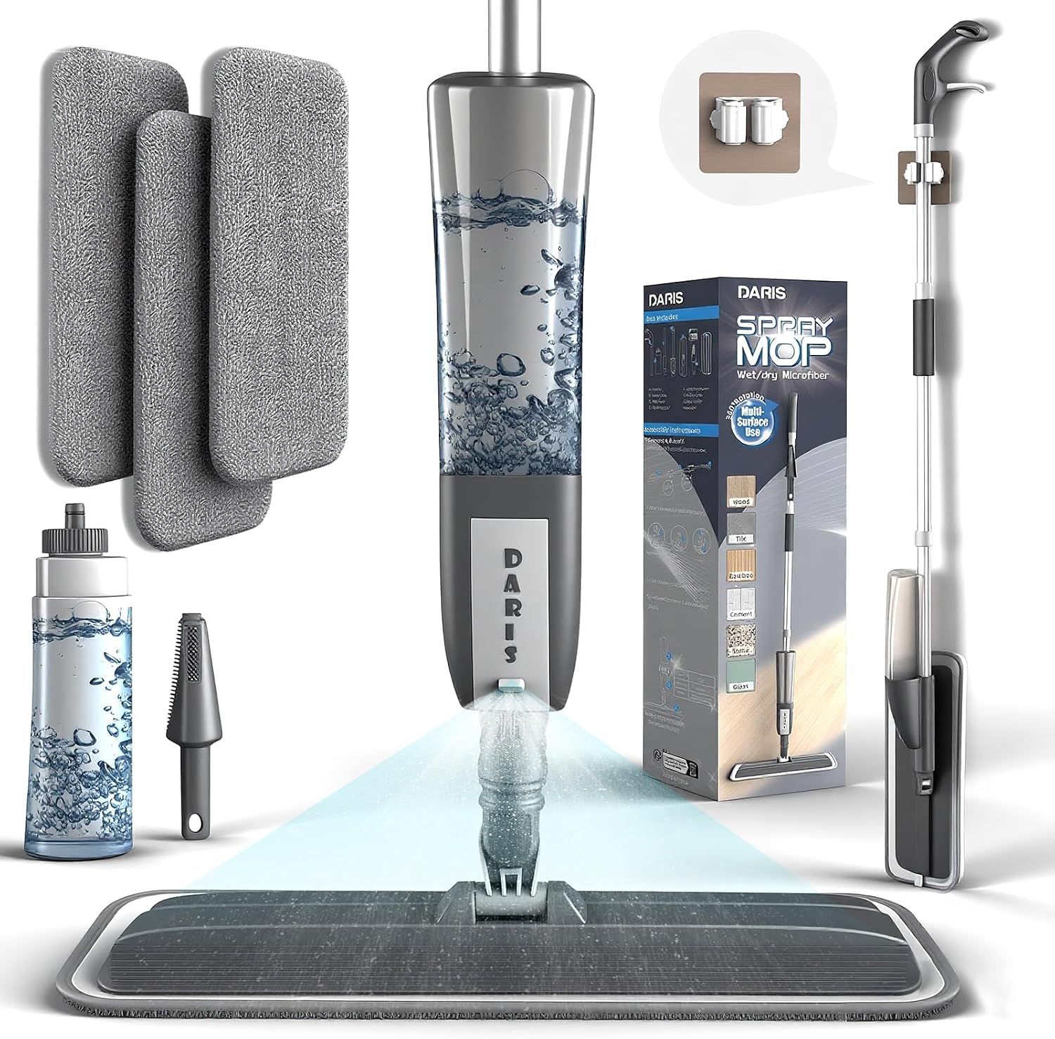 Grey 360° Rotating Spray Mop with 3 Microfibre Pads, 400ml Refillable Bottle and Scraper