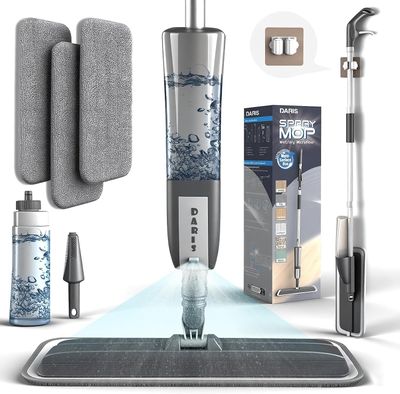 Grey 360° Rotating Spray Mop with 3 Microfibre Pads, 400ml Refillable Bottle and Scraper