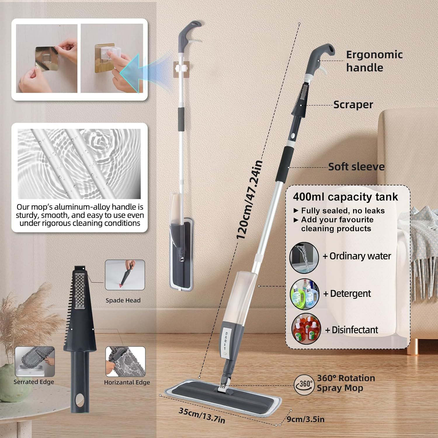 Grey 360° Rotating Spray Mop with 3 Microfibre Pads, 400ml Refillable Bottle and Scraper