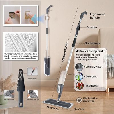 Grey 360° Rotating Spray Mop with 3 Microfibre Pads, 400ml Refillable Bottle and Scraper