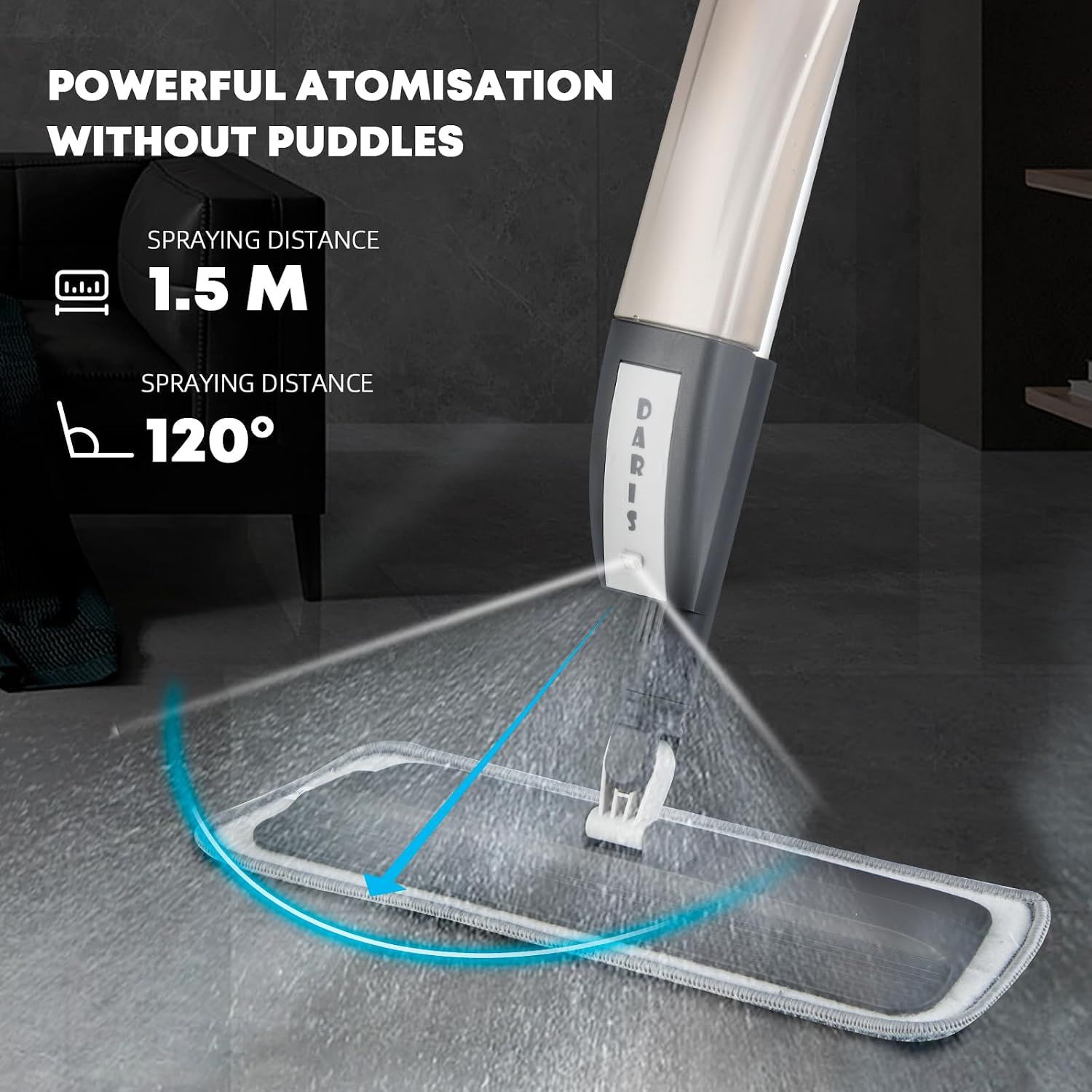 Grey 360° Rotating Spray Mop with 3 Microfibre Pads, 400ml Refillable Bottle and Scraper