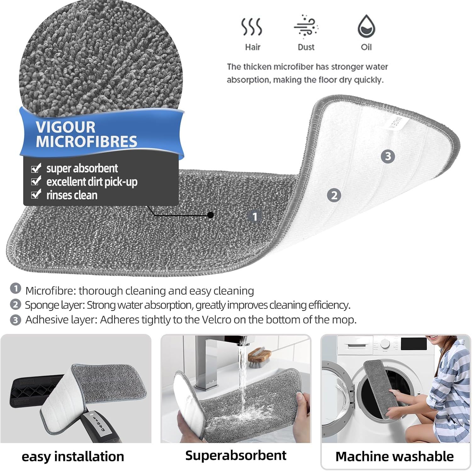 Grey 360° Rotating Spray Mop with 3 Microfibre Pads, 400ml Refillable Bottle and Scraper
