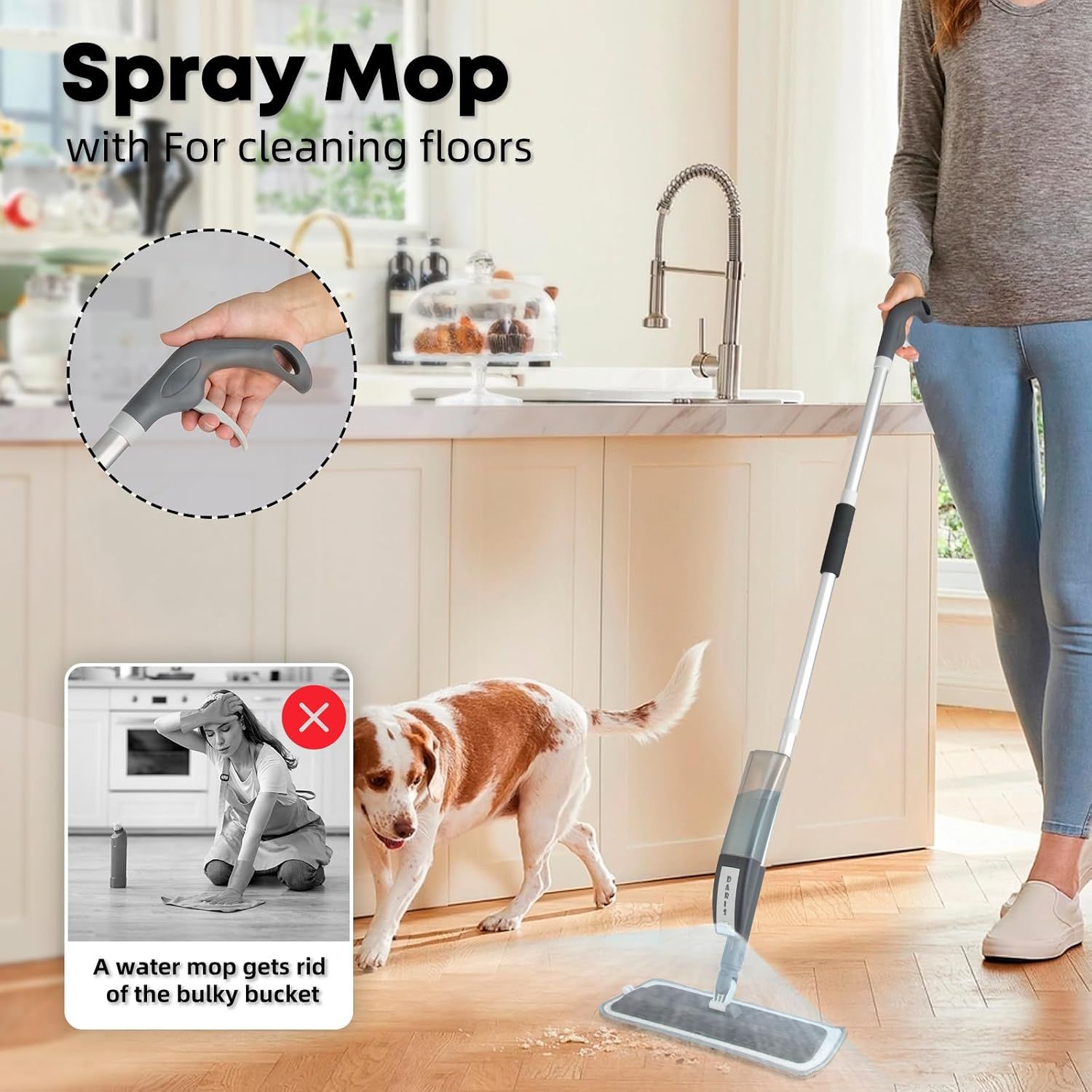 Grey 360° Rotating Spray Mop with 3 Microfibre Pads, 400ml Refillable Bottle and Scraper