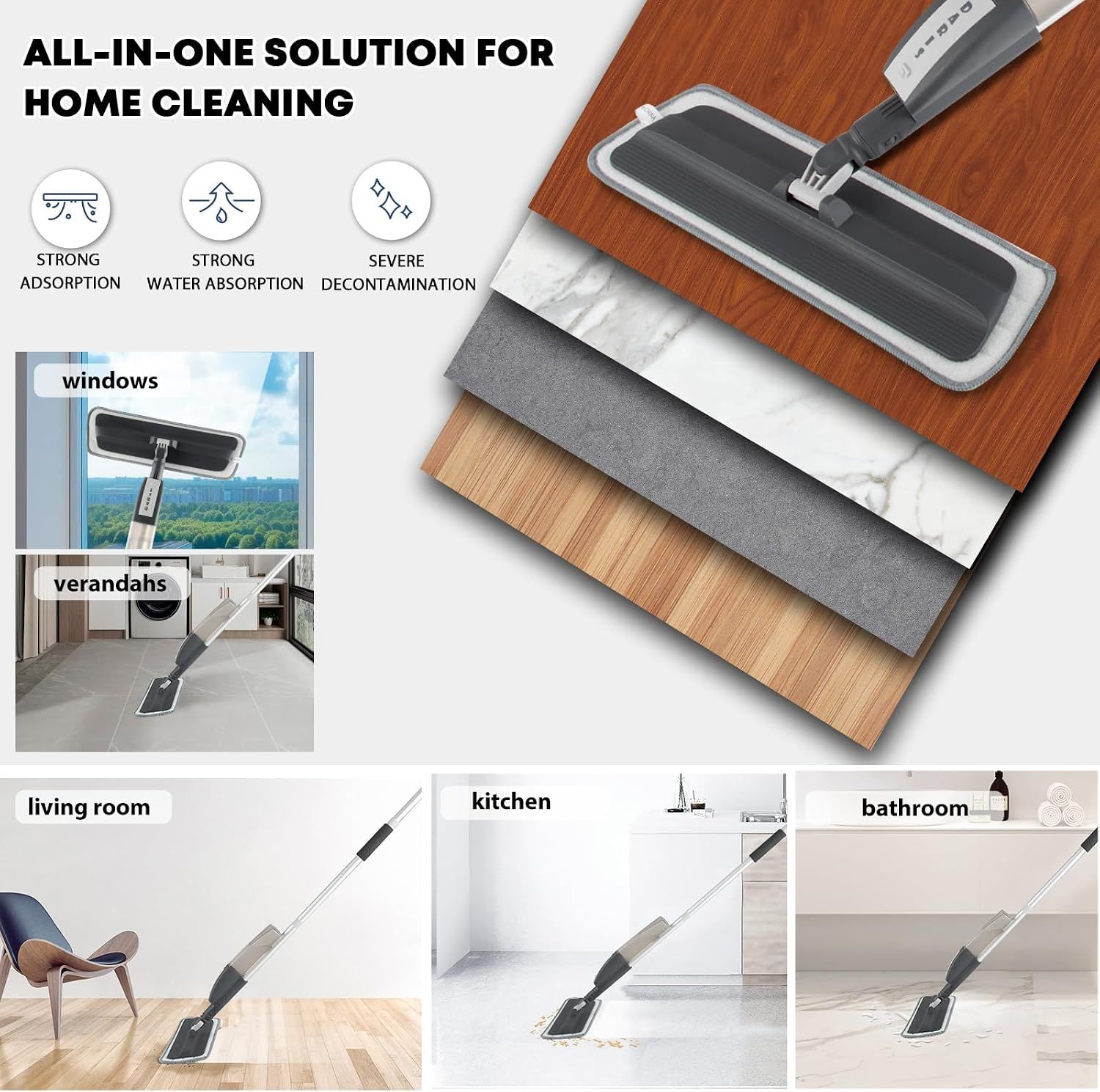 Grey 360° Rotating Spray Mop with 3 Microfibre Pads, 400ml Refillable Bottle and Scraper