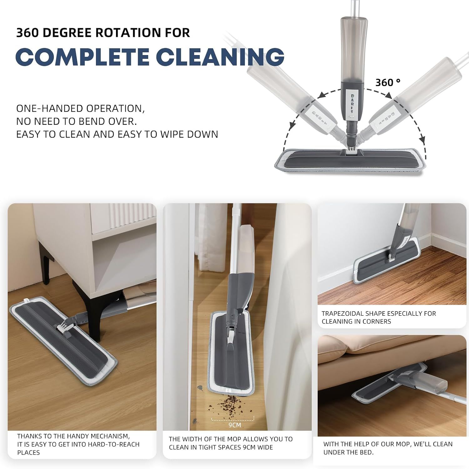 Grey 360° Rotating Spray Mop with 3 Microfibre Pads, 400ml Refillable Bottle and Scraper