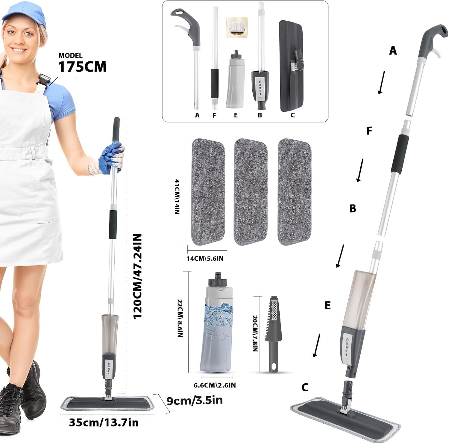 Grey 360° Rotating Spray Mop with 3 Microfibre Pads, 400ml Refillable Bottle and Scraper