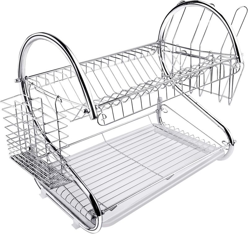 2 Tier Dish Drainer Rack Stainless Steel Silver Plate Bowl Cup Holder with Drip Tray