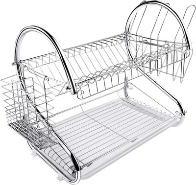 2 Tier Dish Drainer Rack Stainless Steel Silver Plate Bowl Cup Holder with Drip Tray