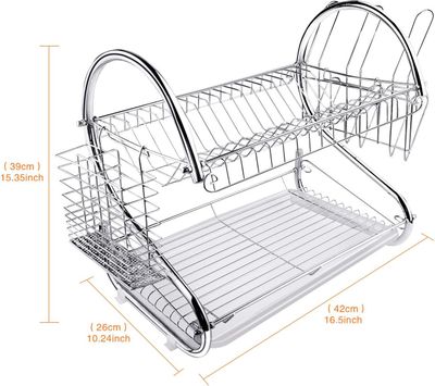 2 Tier Dish Drainer Rack Stainless Steel Silver Plate Bowl Cup Holder with Drip Tray