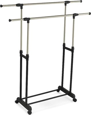 Adjustable Double Clothes Rack with Wheels Rolling Garment Rail