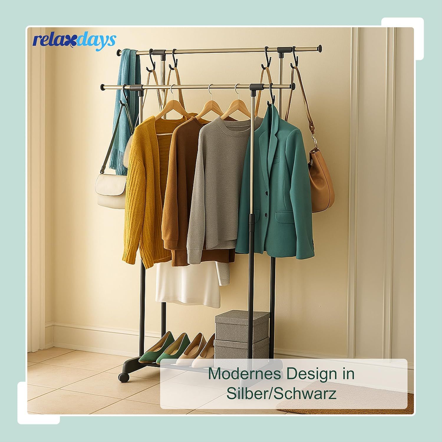 Adjustable Double Clothes Rack with Wheels Rolling Garment Rail