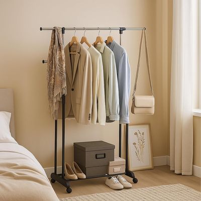 Adjustable Double Clothes Rack with Wheels Rolling Garment Rail