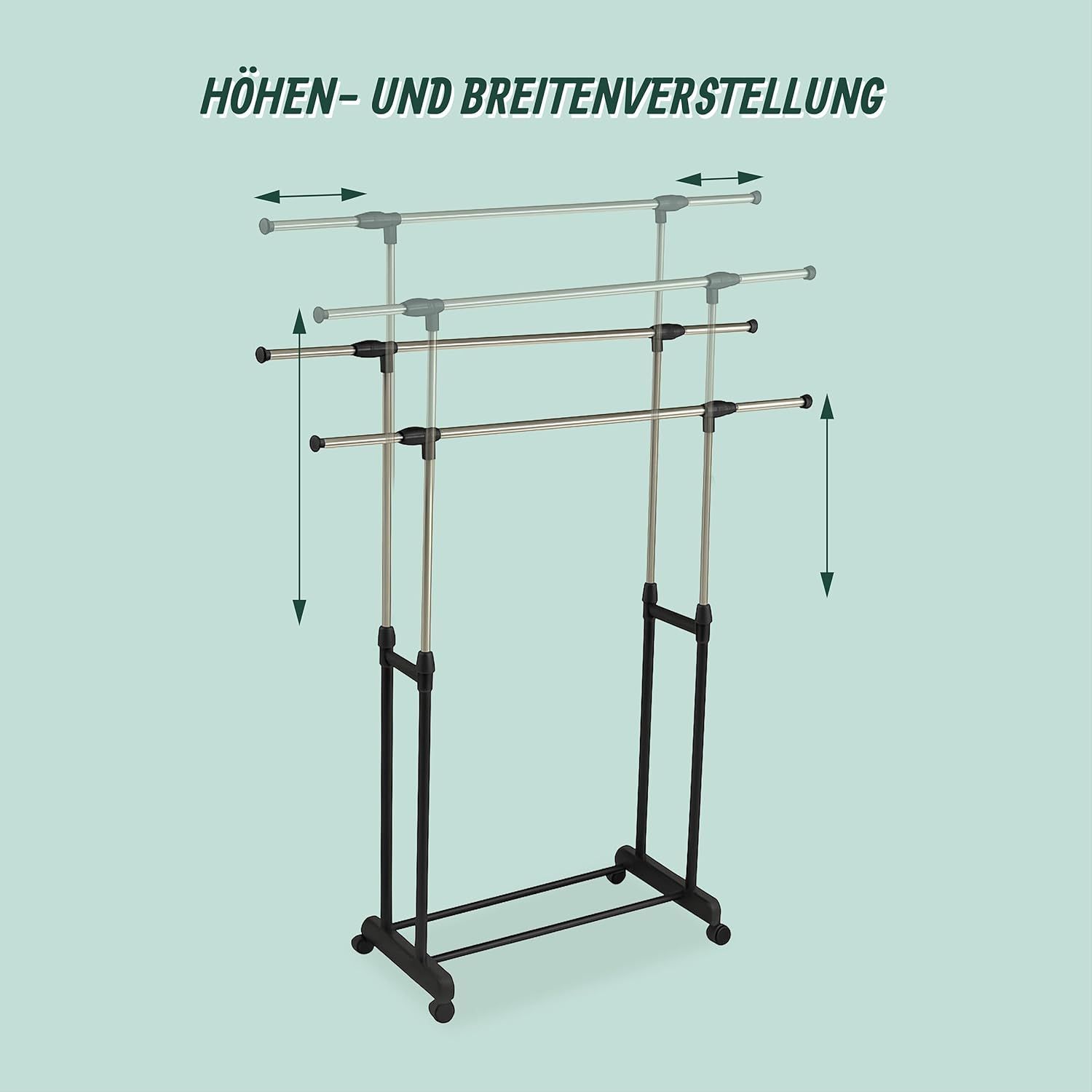 Adjustable Double Clothes Rack with Wheels Rolling Garment Rail