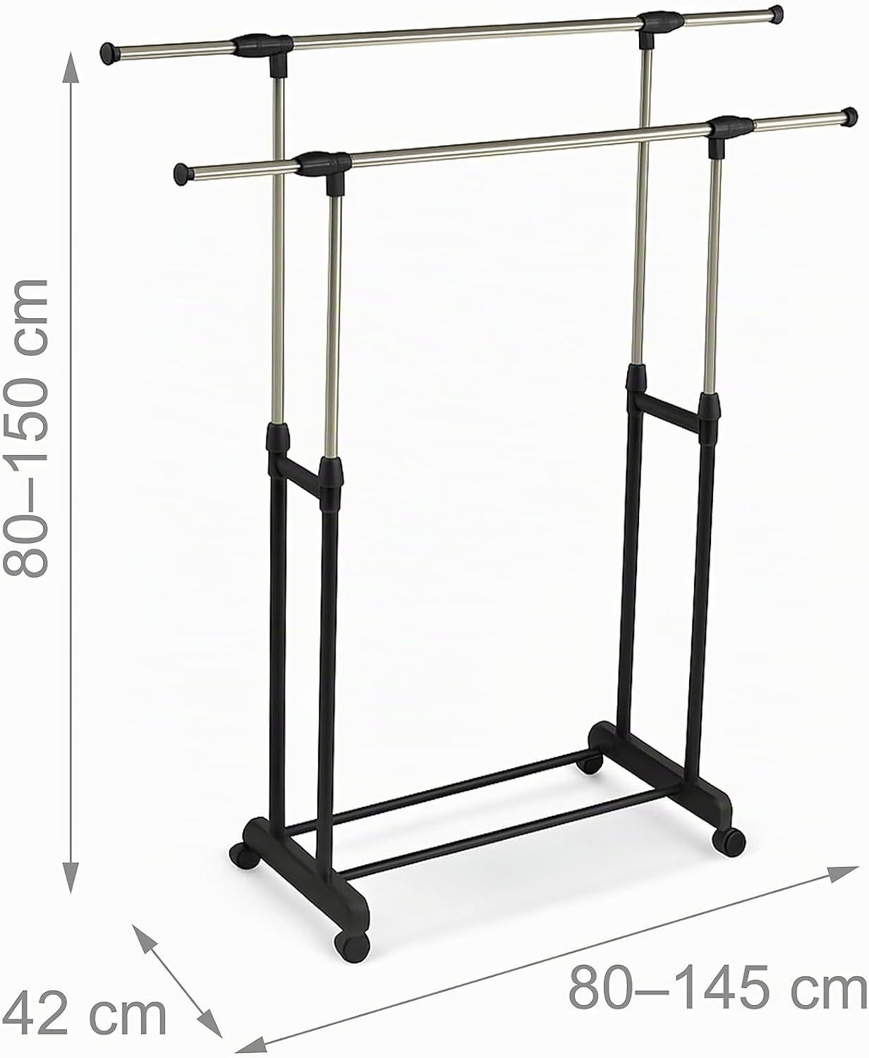 Adjustable Double Clothes Rack with Wheels Rolling Garment Rail